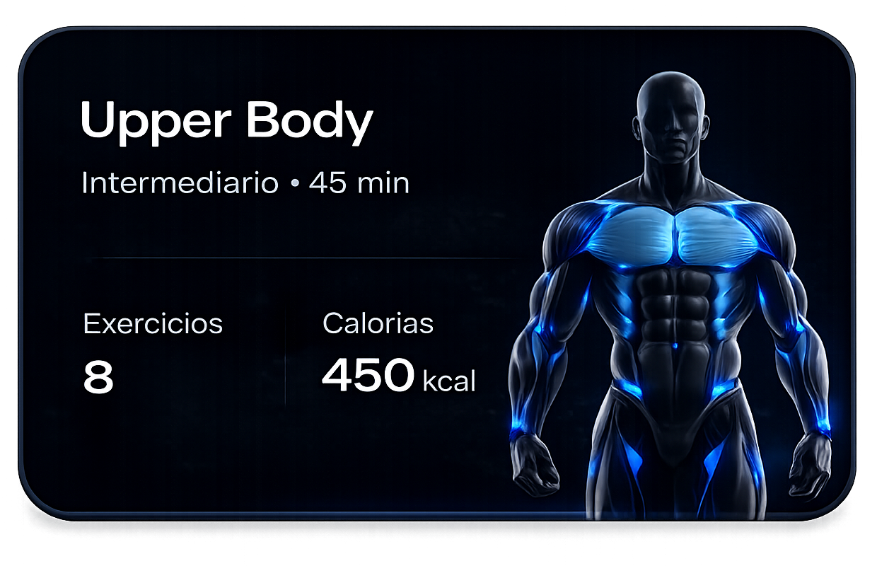 Card de treino com duração, exercícios e gasto calórico